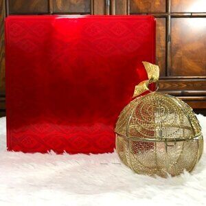 Gold Metal Cage Ornament & Red Medallion Square Tin Set